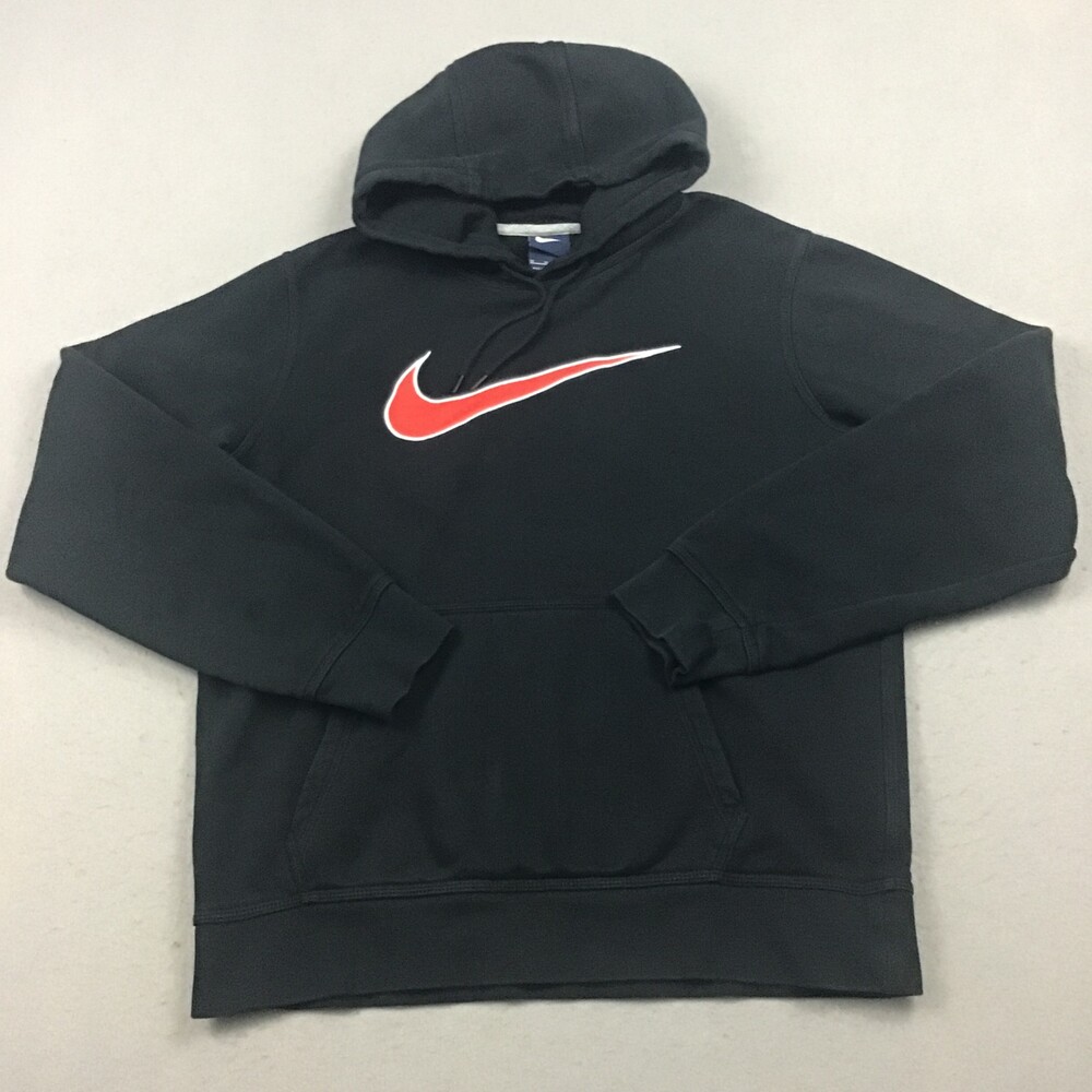 Nike Hoodie Men Medium Black Red Big Swoosh Sweatshirt Pullover Basketball M